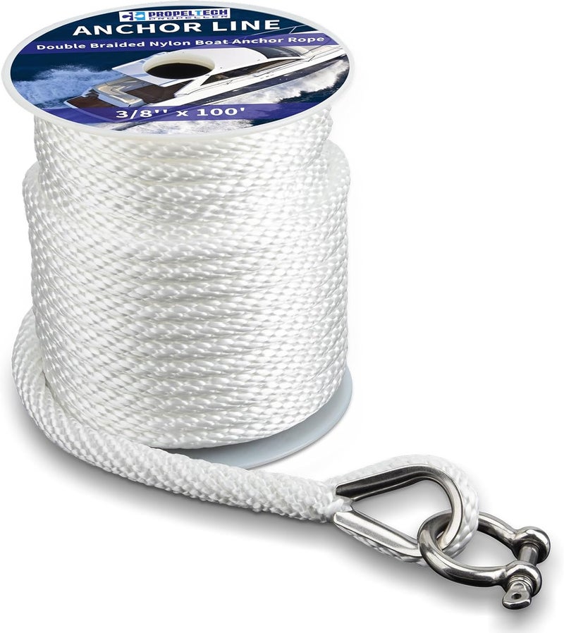 PropelTech Anchor Rope Braided Anchor Line(White, 3/8" x 100') Premium Solid Braid MFP Boat Rope with Stainless Steel Thimble & Shackle, Quality Marine Line, Boat Accessories - Image 1